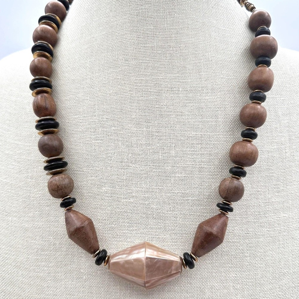Vintage 80s Wood Bead Necklace Geometric Pendant Brown Black Gold Tone Jewelry